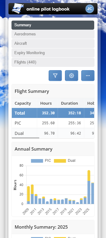 online pilot logbook flight summary dashboard on mobile