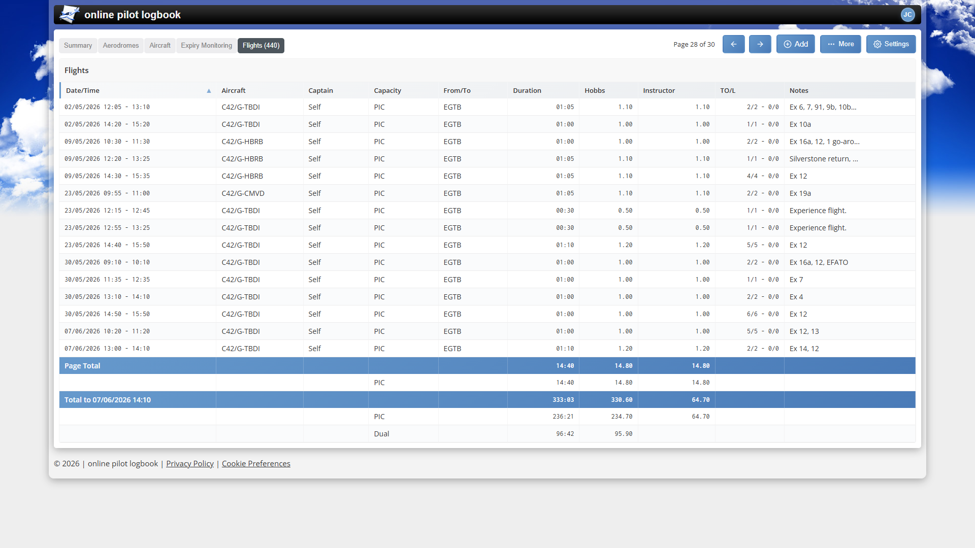 online pilot logbook flights list